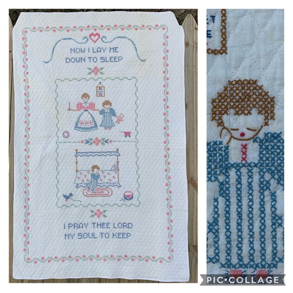 Vintage Other - Vintage Baby Quilt Cross Stitch Prayer Now I Lay